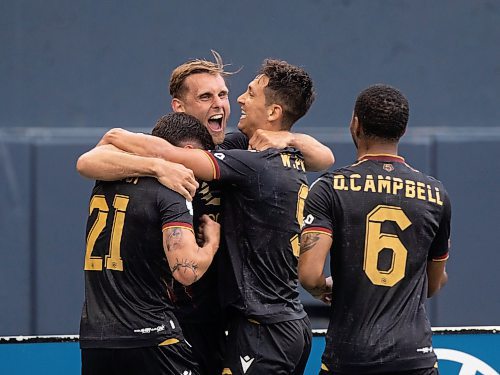 JESSICA LEE / WINNIPEG FREE PRESS

Valour FC player Guillaume Pianelli (centre) celebrates with teammates after he scores in the first half of a game against Forge FC at IG Field on June 16, 2023.

Reporter: Joshua Frey-Sam