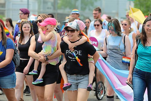 Members of the LGBTQ+ community and its allies take part in this year's Brandon Pride march, which began at City Hall around 1 p.m. and ended at Rideau Park a short time later. (Kyle Darbyson/The Brandon Sun)
