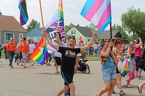 Members of the LGBTQ+ community and its allies take part in this year's Brandon Pride march, which began at City Hall around 1 p.m. and ended at Rideau Park a short time later. (Kyle Darbyson/The Brandon Sun)