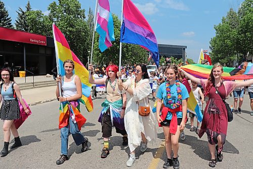 Students from the Rolling River School Division served as the grand marshals for this year's Brandon Pride march. Brandon Pride decided to give these students this important role after they publicly protested efforts to install an anti-LGBTQ+ candidate on the RRSD school board during last fall's election. (Kyle Darbyson/The Brandon Sun)