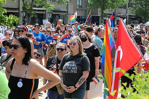 Members of the LGBTQ+ community and its allies gather at Brandon City Hall Saturday afternoon for the beginning of this year's Pride march. (Kyle Darbyson/The Brandon Sun)