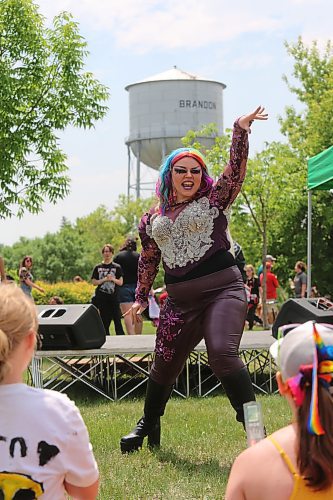 Local drag performer Luna Hex lip syncs to Lady Gaga's "Born this Way" during the Pride in the Park celebration that took place at Rideau Park Saturday afternoon. (Kyle Darbyson/The Brandon Sun)