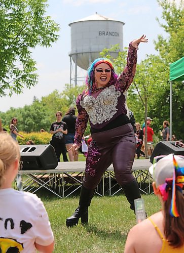 Local drag performer Luna Hex lip syncs to Lady Gaga's "Born this Way" during the Pride in the Park celebration at Rideau Park Saturday afternoon. See A2 for more coverage. (Kyle Darbyson/The Brandon Sun)