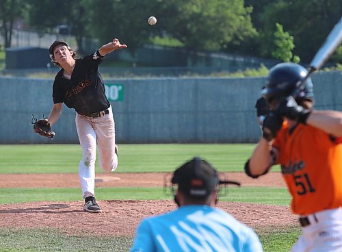 Brandon 18-and-under AAA Marlins pitcher Porter Ewert delivers to the plate during a game against the Interlake Orioles on Saturday at Andrews Field. (Perry Bergson/The Brandon Sun)