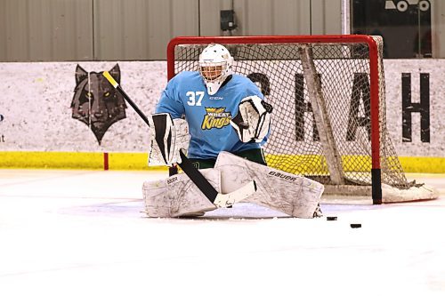 Fifteen-year-old goaltender Greyson Moroz of Delta, B.C., wasn't selected in the Western Hockey League draft but is intent on making his own opportunity after the Brandon Wheat Kings listed him. He is shown at the team's prospects camp at J&amp;G Homes Arena in late May. (Perry Bergson/The Brandon Sun)