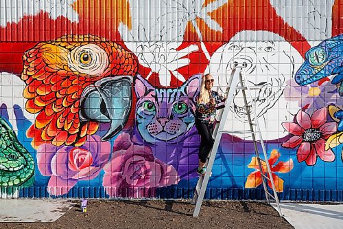 Mike Deal / Winnipeg Free Press
Rachel Lancaster works on a mural on the side of WinRose Animal Hospital on St. Anne's at Bishop Grandin Boulevard, Monday morning. 
Rachel Lancaster, a mural artist who, for about 10 years now, has been transforming bedroom walls, garage doors and sides of businesses into works of art. No project is too big or too small - and what she comes up with is up to the imagination of those hiring her to do their bidding.
230619 - Monday, June 19, 2023.