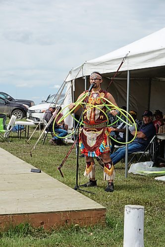 Dallas Arcand Jr. told traditional stories and demonstrated hoop dancing at the Rolling River First Nation Pow Wow on Wednesday. (Miranda Leybourne/The Brandon Sun)