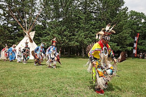 Dancers take part in the grand entry for the powwow demonstration during Sioux Valley Dakota Nation’s grand re-opening of the Grand Valley Campground, which coincided with National Indigenous Peoples Day celebrations on Wednesday. (Tim Smith/The Brandon Sun)