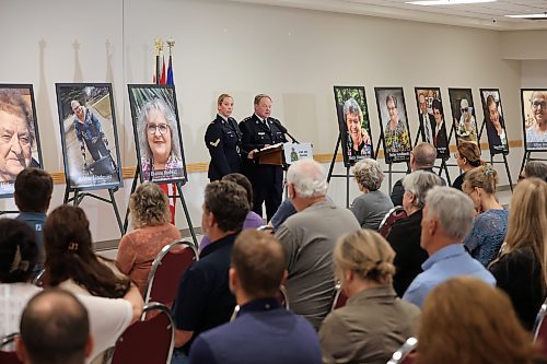 Supt. Jeff Asmundson, West District Commander with Manitoba RCMP, reads the names of the 16 individuals who died in the June 15 collision near Carberry during a press conference at Credit Union Place in Dauphin on Thursday. Family members and first responders were on hand for the press conference. (Photos by Tim Smith/The Brandon Sun)
