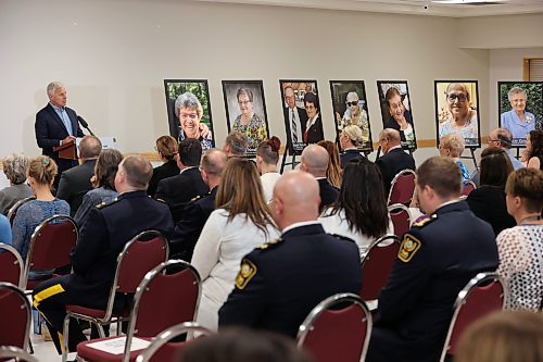 16052023
David Bosiak, Mayor of Dauphin, speaks during a press conference at Credit Union Place in Dauphin on Thursday where the names of the sixteen individuals who died in the June 15, 2023, collision near Carberry, Manitoba were announced to the media. Family members and first responders were on hand for the press conference.  (Tim Smith/The Brandon Sun)