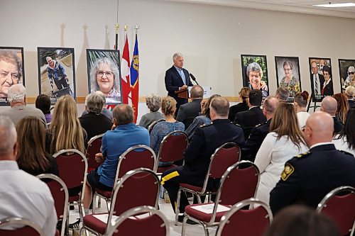 16052023
David Bosiak, Mayor of Dauphin, speaks during a press conference at Credit Union Place in Dauphin on Thursday where the names of the sixteen individuals who died in the June 15, 2023, collision near Carberry, Manitoba were announced to the media. Family members and first responders were on hand for the press conference.  (Tim Smith/The Brandon Sun)