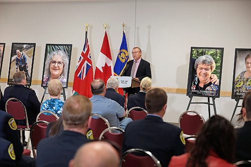 16052023
Ernest Sirski, Reeve of the RM of Dauphin, speaks during a press conference at Credit Union Place in Dauphin on Thursday where the names of the sixteen individuals who died in the June 15, 2023, collision near Carberry, Manitoba were announced to the media. Family members and first responders were on hand for the press conference.  (Tim Smith/The Brandon Sun)