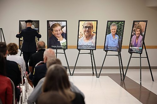 22062023
Photos of the sixteen individuals who died in the June 15, 2023, collision near Carberry, Manitoba were placed on stands during a press conference at Credit Union Place in Dauphin on Thursday where the names of the sixteen individuals were announced to the media. Family members and first responders were on hand for the press conference.  (Tim Smith/The Brandon Sun)