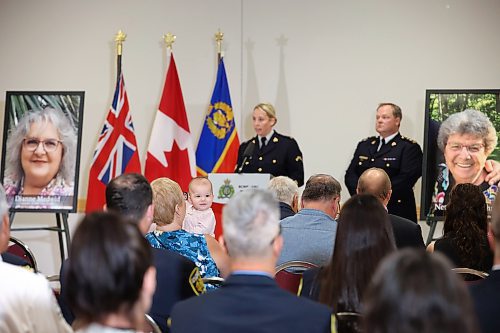 22062023
A baby looks around during a press conference at Credit Union Place in Dauphin on Thursday where the names of the sixteen individuals who died in the June 15, 2023, collision near Carberry, Manitoba were announced to the media. Family members and first responders were on hand for the press conference.  (Tim Smith/The Brandon Sun)