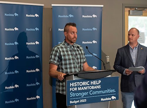 Mike Thiessen / Winnipeg Free Press 
Shane Sturby-Highfield, a recent graduate of the inpatient program at the Bruce Oake Recovery Centre, speaking at River Point Centre this afternoon. The provincial government has announced that they have followed through on their promise to open over 1,000 more addictions treatment centres, and have committed to opening several hundred more. 230622 &#x2013; Thursday, June 22, 2023