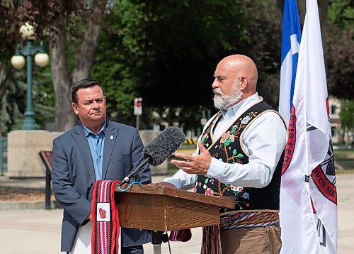 Mike Thiessen / Winnipeg Free Press 
Will Goodon, a member of the MMF Executive Committee of Cabinet and MMF Minister of both Housing and Property Management, speaking outside the Legislative Building with Economic Development, Investment and Trade Minister Jeff Wharton. The Manitoba government and the Manitoba Métis Federation have signed an agreement to transfer control of the Métis economic fund to the Red River Métis. For Danielle Da Silva. 230623 – Friday, June 23, 2023