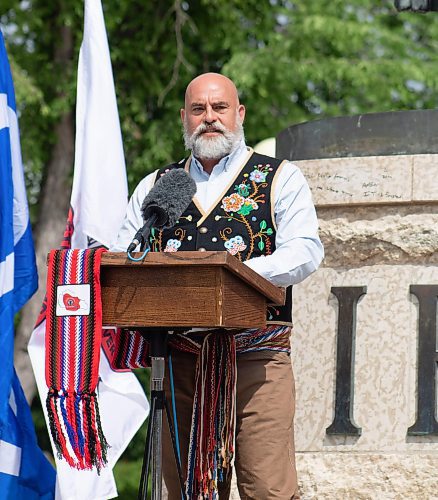 Mike Thiessen / Winnipeg Free Press 
Will Goodon, a member of the MMF Executive Committee of Cabinet and MMF Minister of both Housing and Property Management, speaking outside the Legislative Building. The Manitoba government and the Manitoba Métis Federation have signed an agreement to transfer control of the Métis economic fund to the Red River Métis. For Danielle Da Silva. 230623 – Friday, June 23, 2023
