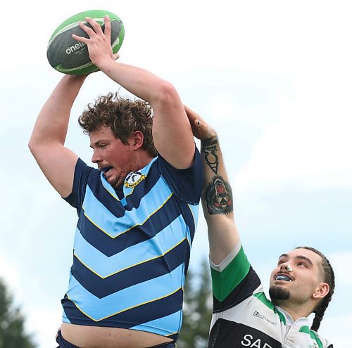 Shae Godfrey of the Brandon Barbarians grabs the ball as Braydon Bundy of the Wanderers reaches for it during their Rugby Manitoba Men&#x2019;s Premier 2 game at John Reilly Field on Saturday afternoon. The Barbs won 38-24, with Roberts, Dustin Everett and Miguel Dominguez each scoring a pair of tries and Cameron Elder booting four conversions. (Perry Bergson/The Brandon Sun)
June 24, 2023