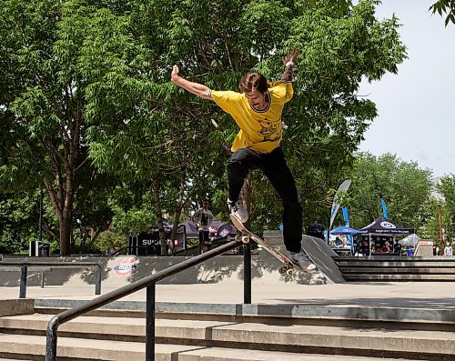 JESSICA LEE / WINNIPEG FREE PRESS

Thomas G&#x142;owacki of Winnipeg is photographed on a rail at a Canada-wide skateboard competition at The Forks June 24, 2023.

Reporter: Tyler Searle