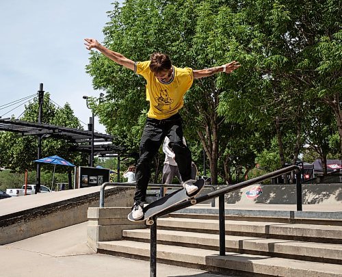 JESSICA LEE / WINNIPEG FREE PRESS

Thomas G&#x142;owacki of Winnipeg is photographed on a rail at a Canada-wide skateboard competition at The Forks June 24, 2023.

Reporter: Tyler Searle
