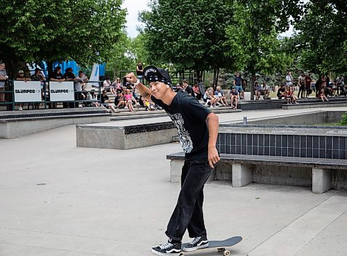 JESSICA LEE / WINNIPEG FREE PRESS

Brendon Sanderson of Winnipeg is photographed reacting after a successful heat during a Canada-wide skateboard competition at The Forks June 24, 2023.

Reporter: Tyler Searle