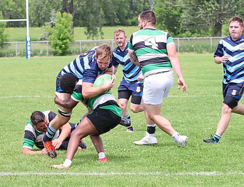 Robin Roberts of the Brandon Barbarians manages to get past a tackle by David Habibi of the Wanderers to put the ball down for a try during their Rugby Manitoba Men’s Premier 2 game at John Reilly Field on Saturday afternoon. The Barbs won 38-24, with Roberts, Dustin Everett and Miguel Dominguez each scoring a pair of tries and Cameron Elder booting four conversions. (Perry Bergson/The Brandon Sun)
June 24, 2023