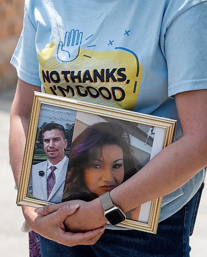 JOHN WOODS / WINNIPEG FREE PRESS
Nicole Labossiere holds a photo of her brother Harlan Fourre and mother Miranda Paupaneks, both of whom died of fentanyl overdoses, at a rally Sunday, June 25, 2023.Harlan Fourre died earlier this year after ingesting what is believed to have been ecstasy laced with opiods. Labossiere and other supporters were on hand for a walk 
ra;llt

Reporter: May