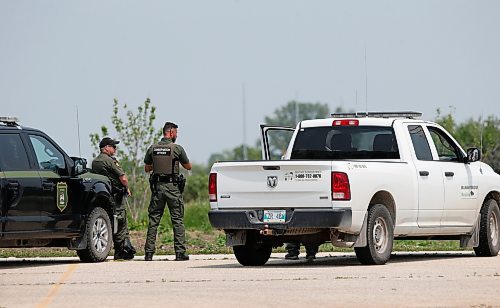 JOHN WOODS / WINNIPEG FREE PRESS
Conservation officers watch over a stand of trees for a coyote that mauled a small boy on Knowles Ave in Winnipeg&#x2019;s Springfield North area, Sunday, June 25, 2023. 

Reporter: May