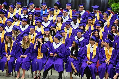 Vincent Massey High School students take a seat at Westoba Place during Monday’s graduation ceremony, which featured around 230 in-person graduates. The total number of graduates for Vincent Massey’s Class of 2023 is around 248. (Kyle Darbyson/The Brandon Sun)