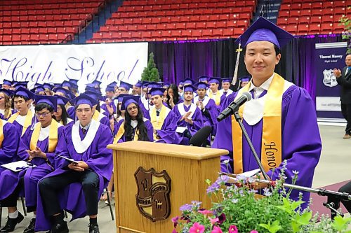 Class valedictorian James Li wraps up his speech during the final minutes of Monday’s Vincent Massey High School graduation ceremony at the Keystone Centre. (Kyle Darbyson/The Brandon Sun)
