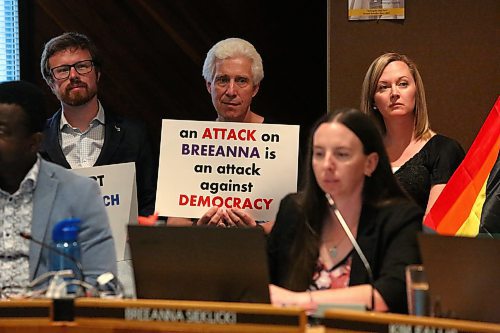 Supporters of Brandon School Division trustee Breeanna Sieklicki were in large numbers during Monday's board meeting, carrying signs with slogans like "An Attack on Breeanna is an attack on Democracy." Sieklicki was the only BSD trustee to vote in favour of a book review committee at the May 23 board meeting and has received much public backlash for that decision. (Kyle Darbyson/The Brandon Sun)