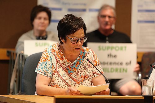 Concerned citizen Kathy Smitzniuk speaks to the Brandon School Division board on Monday evening, criticizing certain trustees for their conduct during the May 23 meeting at Vincent Massey High School. (Kyle Darbyson/The Brandon Sun)