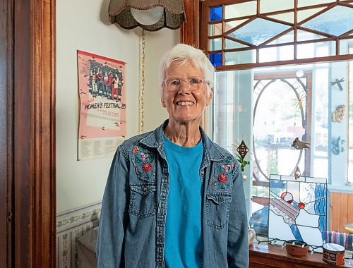 Mike Thiessen / Winnipeg Free Press 
Veteran activist Sally Papso at her Wolseley home. A seeming resurgence in homophobia in Winnipeg and across Manitoba is causing concern amongst the 2SLGBTQ+ community. For Graham McDonald. 230626 &#x2013; Monday, June 26, 2023