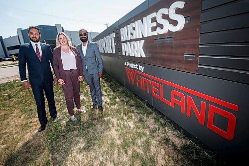 JOHN WOODS / WINNIPEG FREE PRESS
Satpal Sidhu, president of Whiteland Developers, from left, Carly Edmundson, CEO of CentrePort and Amrit Jhand, CEO of Whiteland  Developers are photographed at one of their projects at CentrePort in Winnipeg Monday, June 26, 2023. Whiteland has sold out it&#x2019;s 280 acre development but there is still plenty of demand for industrial space at CentrePort.

Reporter: Cash