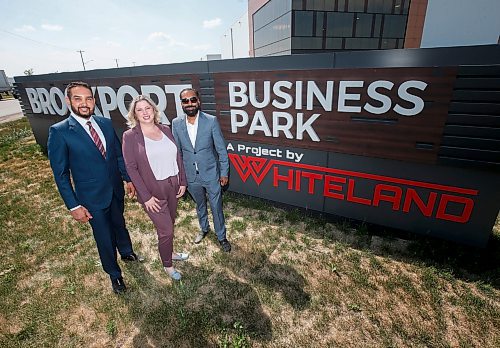 JOHN WOODS / WINNIPEG FREE PRESS
Satpal Sidhu, president of Whiteland Developers, from left, Carly Edmundson, CEO of CentrePort and Amrit Jhand, CEO of Whiteland  Developers are photographed at one of their projects at CentrePort in Winnipeg Monday, June 26, 2023. Whiteland has sold out it&#x2019;s 280 acre development but there is still plenty of demand for industrial space at CentrePort.

Reporter: Cash