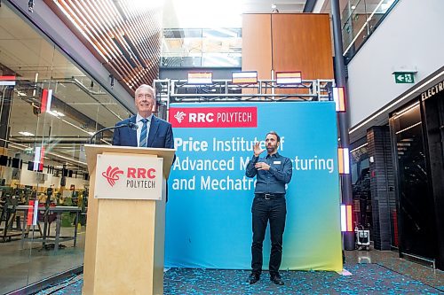 MIKE DEAL / WINNIPEG FREE PRESS
Dr. Gerry Price (left), Chairman and CEO, Price Industries Limited, speaks during the announcement.
Fred Meier, RRC Polytech President and CEO, announces the creation of the Price Institute of Advanced Manufacturing and Mechatronics during an event at the RRC Polytech Notre Dame campus Wednesday morning.
A $10 million gift from the Price Family Foundation, over $3 million from the Government of Canada, and $4.86 million from the Province of Manitoba, for capital, program development, and ongoing operating costs.
See Martin Cash story
230628 - Wednesday, June 28, 2023.