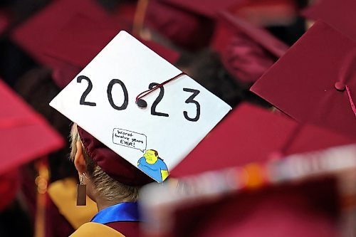 28062023
A graduate sports a decorated mortarboard during Crocus Plains Regional Secondary School&#x2019;s class of 2023 graduation and convocation ceremonies at Westoba Place on Wednesday afternoon. (Tim Smith/The Brandon Sun)