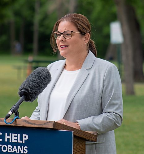 Mike Thiessen / Winnipeg Free Press 
Manitoba Premier Heather Stefanson speaking at Kildonan Park. The provincial government has committed to investing in infrastructure programs within the city, such as the expansion of Chief Peguis Trail and Route 90, to promote commercial and residential development and position the province as a strategic transportation hub. 230608 &#x2013; Thursday, June 8. 2023