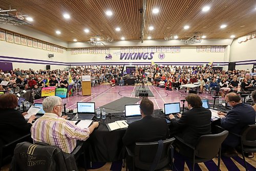 Brandon residents filled the Vincent Massey High School gymnasium Tuesday evening for a school board meeting as dozens of delegates spoke in response to a previous proposal to remove books from school libraries including LGBTQ+ literature and sexual education resources. (Tim Smith/The Brandon Sun)