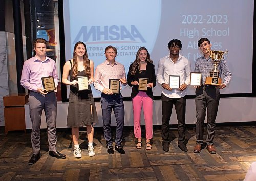 Mike Thiessen / Winnipeg Free Press 
Manitoba High School Athletic Association 2022-23 High School Athletes of the Year, from left: Chad Pouteau, Kyu Fust, Colson Smith, Sienna Gudnason, Nicholas Parrott, and Kieran Reid (missing Gianna Watt and Mia Sawatsky). For Joshua Frey-Sam. 230629 &#x2013; Thursday, June 29, 2023