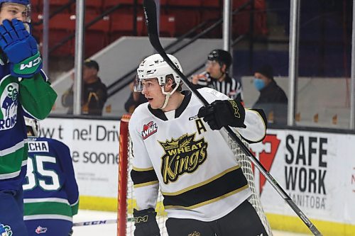 Brett Hyland, shown celebrating a goal against the Swift Current Broncos last season, was selected by the Washington Capitals in National Hockey League entry draft on Thursday afternoon in the seventh round with the 200th overall pick. (Perry Bergson/The Brandon Sun)