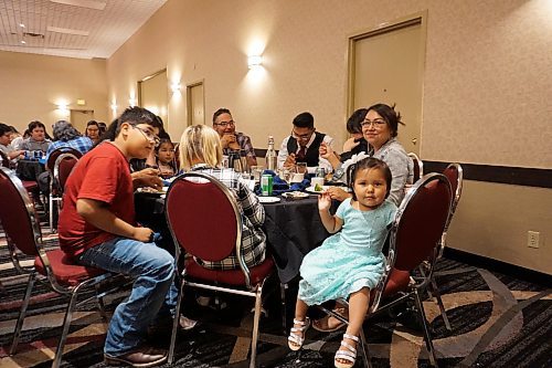 Sage Ironstand (fourth from left) was celebrated with other graduates from Rolling River First Nation at a graduation ceremony and luncheon at the Victoria Inn in Brandon on Friday, June 30. Ironstand received his mature student high school diploma this spring. (Miranda Leybourne/The Brandon Sun)