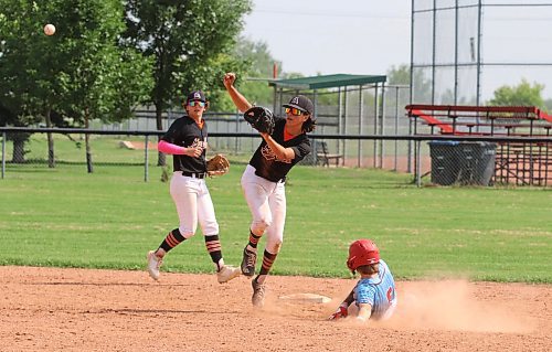 Yorkton 15-and-under AAA Cardinals baserunner Cameron Allard (6) slides safely into the bag for a stolen base as second baseman Jonah Lemoine (91) of the Brandon Marlins leaps for the ball under the watchful eye of shortstop Cole Lobreau (0) during their Triple Crown Showdown matchup on Saturday afternoon at Simplot Millennium Park. Brandon scored a pair of runs in the bottom of the sixth inning to eke out a 4-2 victory. (Perry Bergson/The Brandon Sun)
July 1, 2023
