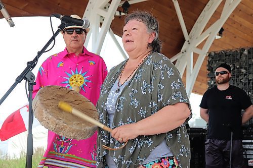 Debbie Huntinghawk kicks off local Canada Day festivities at the Riverbank Discovery Centre grounds with an Indigenous prayer and honour song. (Kyle Darbyson/The Brandon Sun)