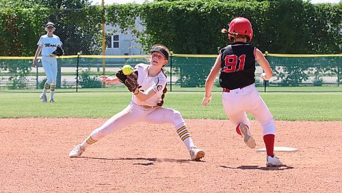 Under-13 Westman Magic shortstop Kasia Baranyk (3) receives a throw from the plate as Smitty's Terminators base runner Blayke Power (91) makes it safely to the bag for a stolen base during the second game of a Manitoba Premier Softball League doubleheader at Ashley Neufeld Softball Complex on Sunday afternoon. (Perry Bergson/The Brandon Sun)
July 2, 2023