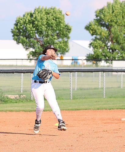 Madden Cheung of the Brandon 13-and-under AAA Marlins, shown making a throw from third to first during a recent practice at Simplot Millennium Park, said his team is better than its current record in league play. (Perry Bergson/The Brandon Sun)
June 29, 2023