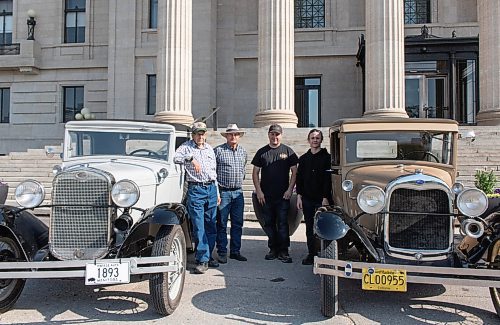 Mike Thiessen / Winnipeg Free Press 
Four generations of car enthusiasts, from left: David Allinson, David Rourke, John Olver, and Kane Gerbin. Five antique cars are travelling from the Ontario border to the Saskatchewan border. Their 545 kilometer, three day route will be the original Trans-Canada Highway as it existed in 1932 – when these cars were new. For Graham McDonald. 230703 – Monday, July 3, 2023