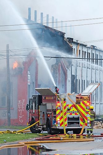 MIKE DEAL / WINNIPEG FREE PRESS
WFPS crews try to douse a large fire in the block on the southwest corner of Sutherland Avenue and Maple Street North Tuesday morning.
230704 - Tuesday, July 4, 2023.