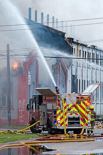 MIKE DEAL / WINNIPEG FREE PRESS
WFPS crews try to douse a large fire in the block on the southwest corner of Sutherland Avenue and Maple Street North Tuesday morning. 
230704 - Tuesday, July 04, 2023.