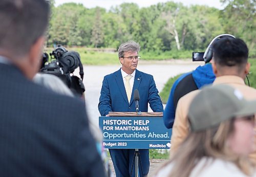 Mike Thiessen / Winnipeg Free Press 
Environment and Climate Minister Kevin Klein speaking at Duff Roblin Park. The provincial government revealed the Water Strategy Action Plan today. For Danielle Da Silva. 230705 &#x2013; Wednesday, July 5, 2023